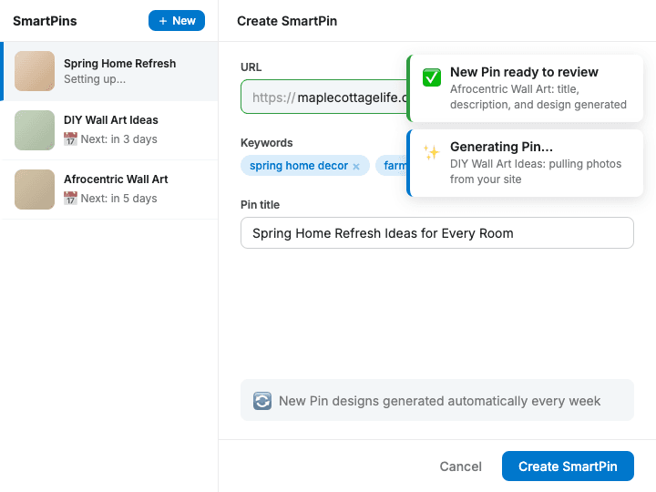 SmartPin automatically creating a new Pin from a blog URL — the title, description, keywords, and Pin design are generated without manual work, with status badges showing pins ready to review and in progress